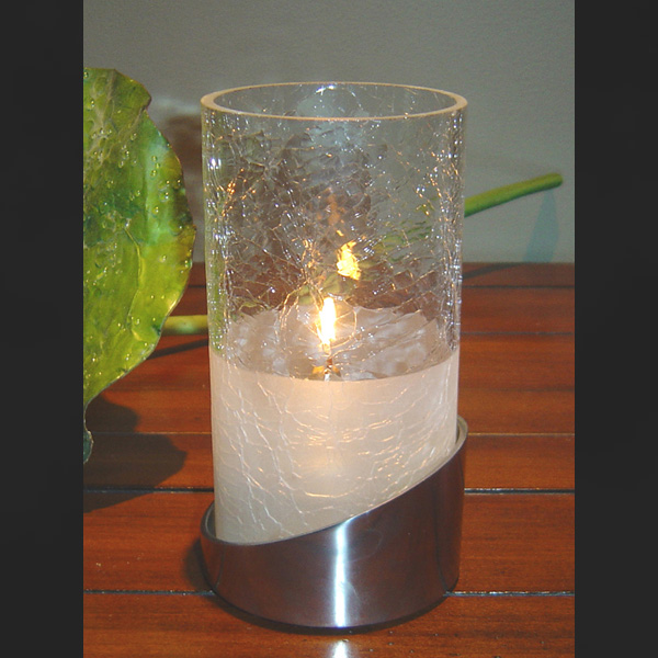 "Allure" Candle Lamp Crackled Glass Half Clear Shade + Metal Base